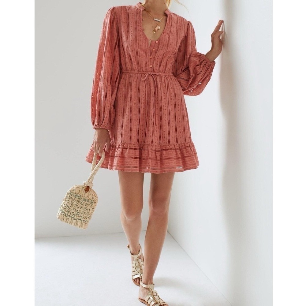 Forever‎ That Girl Eyelet Mini Dress Womens Small Terracotta Pink Boho Cottage